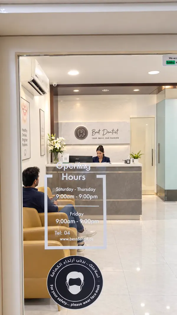 Best Dentist reception seen through the clinic glass door